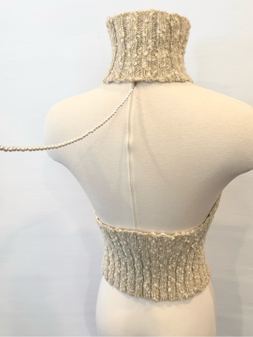 EXPRESS Wool Blend Cream Metallic Gold Knit Vintage Holiday Halter Sweater Top M - Picture 7 of 15